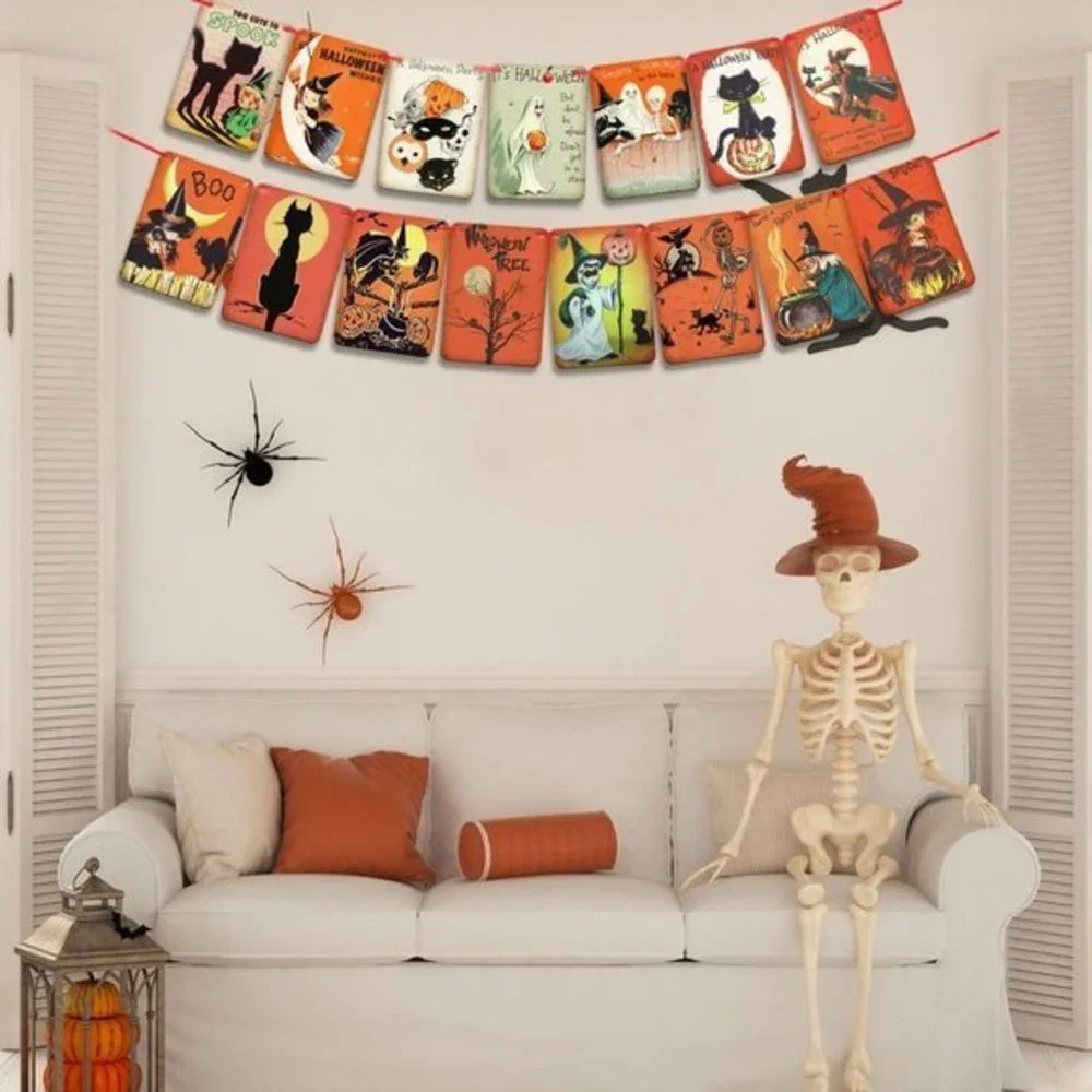 Halloween Pumpkin Flag Victorian Style Cats Witch Ghost Party Garland Decoration
